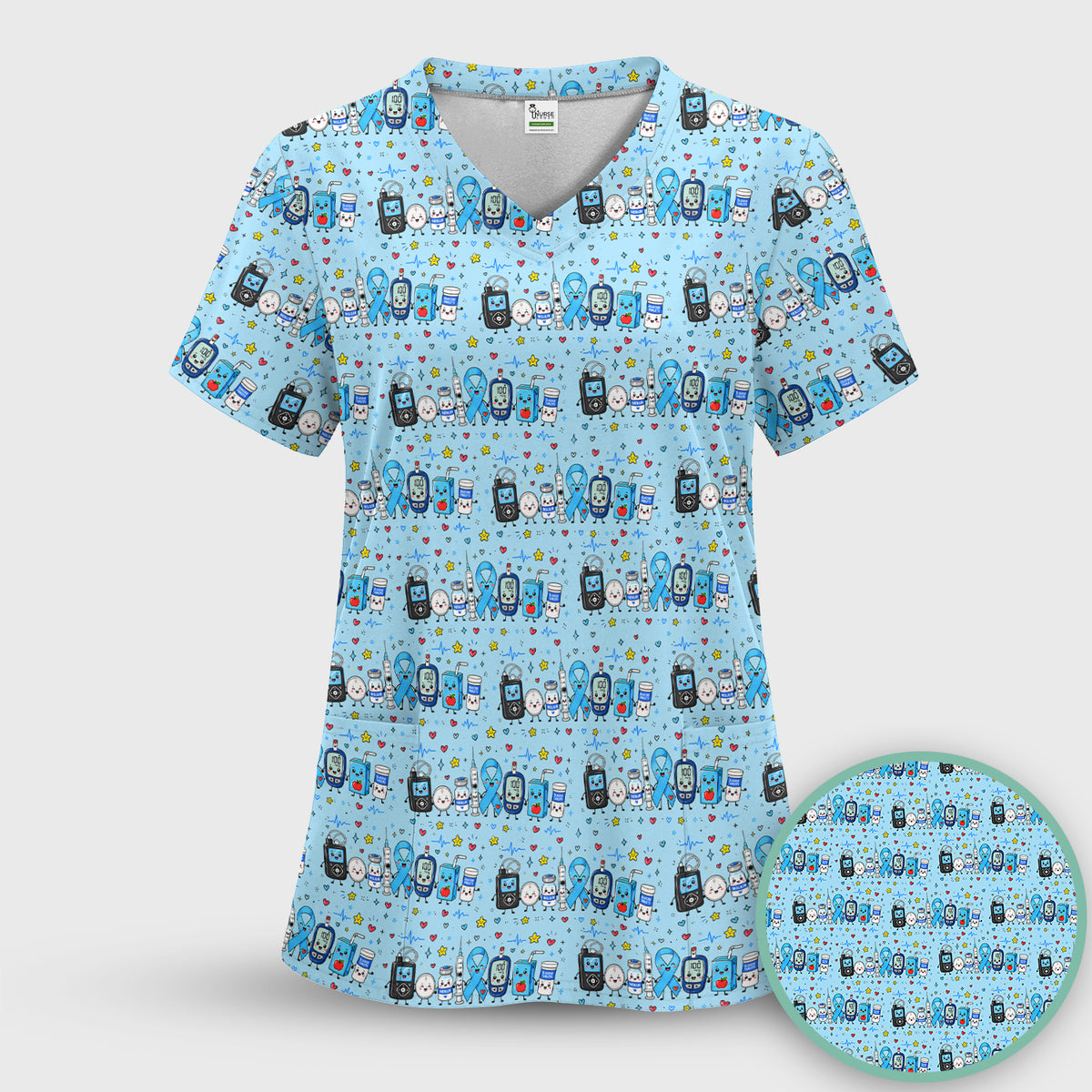 Diabetes Awareness Blue Ribbon & Medical Doodle Scrub Top, Comfortable Scrubs for Nurses