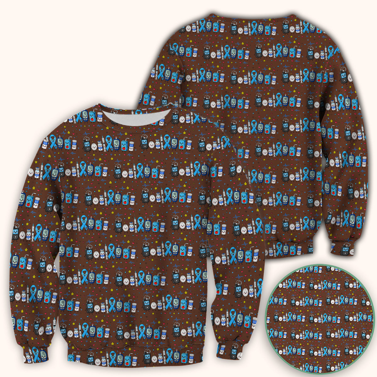 Diabetes Awareness Blue Ribbon & Medical Doodle Scrub Top, Comfortable Scrubs for Nurses