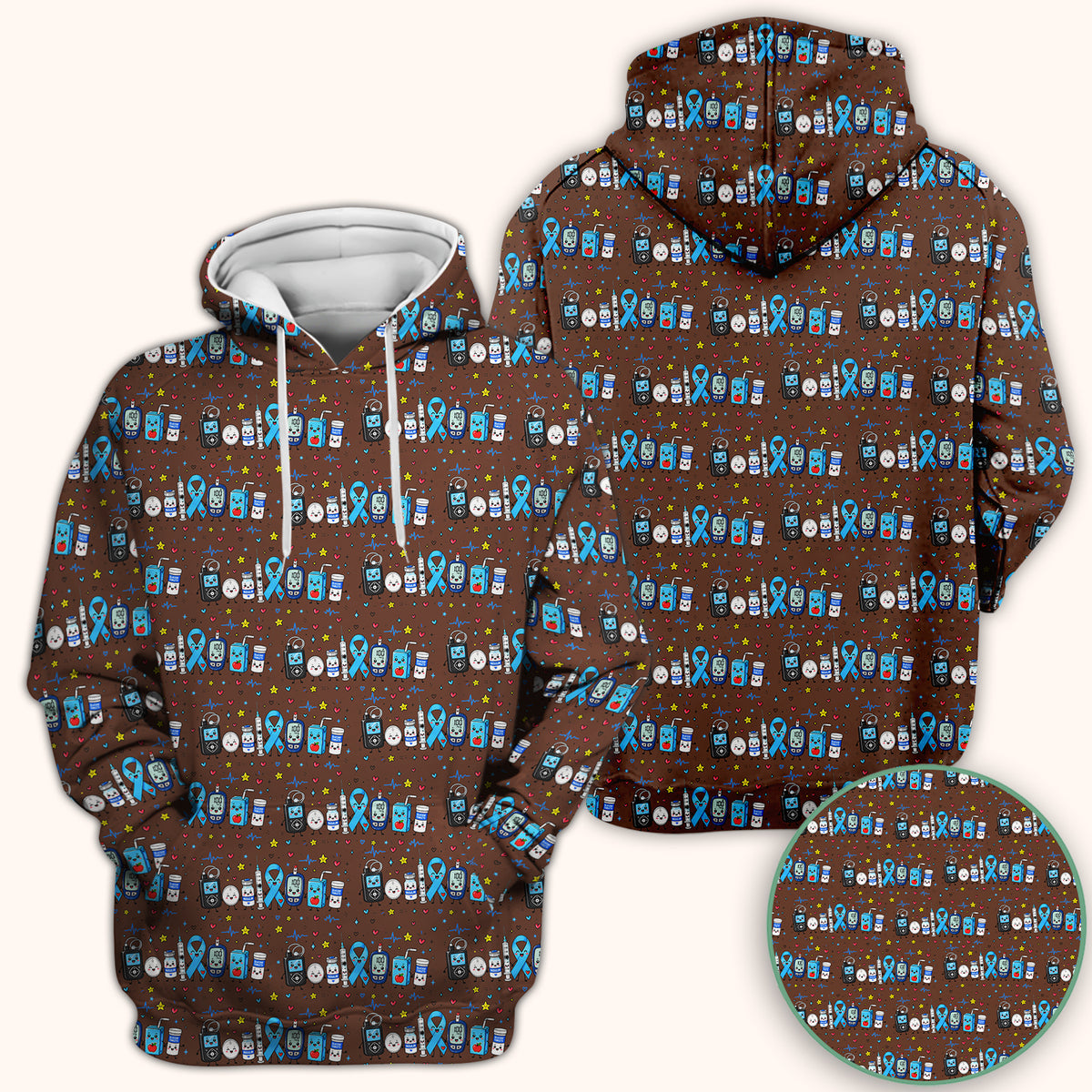 Diabetes Awareness Blue Ribbon & Medical Doodle Scrub Top, Comfortable Scrubs for Nurses