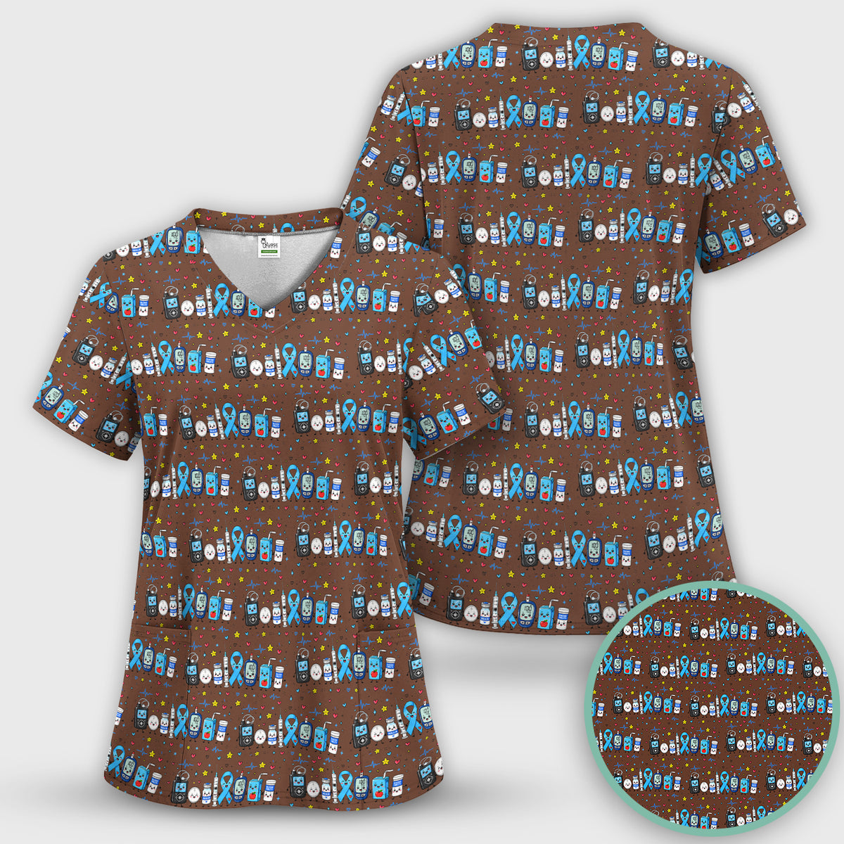 Diabetes Awareness Blue Ribbon & Medical Doodle Scrub Top, Comfortable Scrubs for Nurses