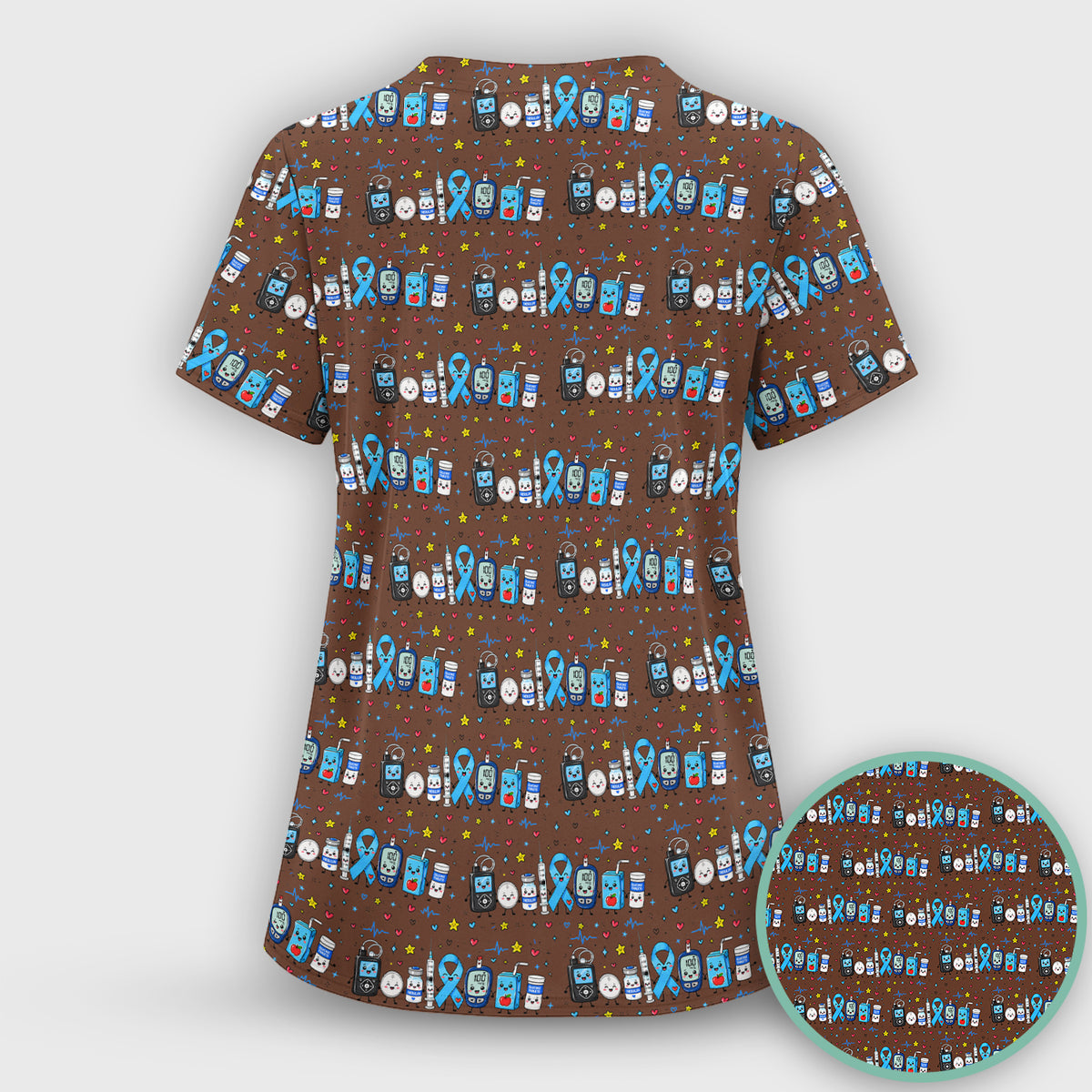 Diabetes Awareness Blue Ribbon & Medical Doodle Scrub Top, Comfortable Scrubs for Nurses