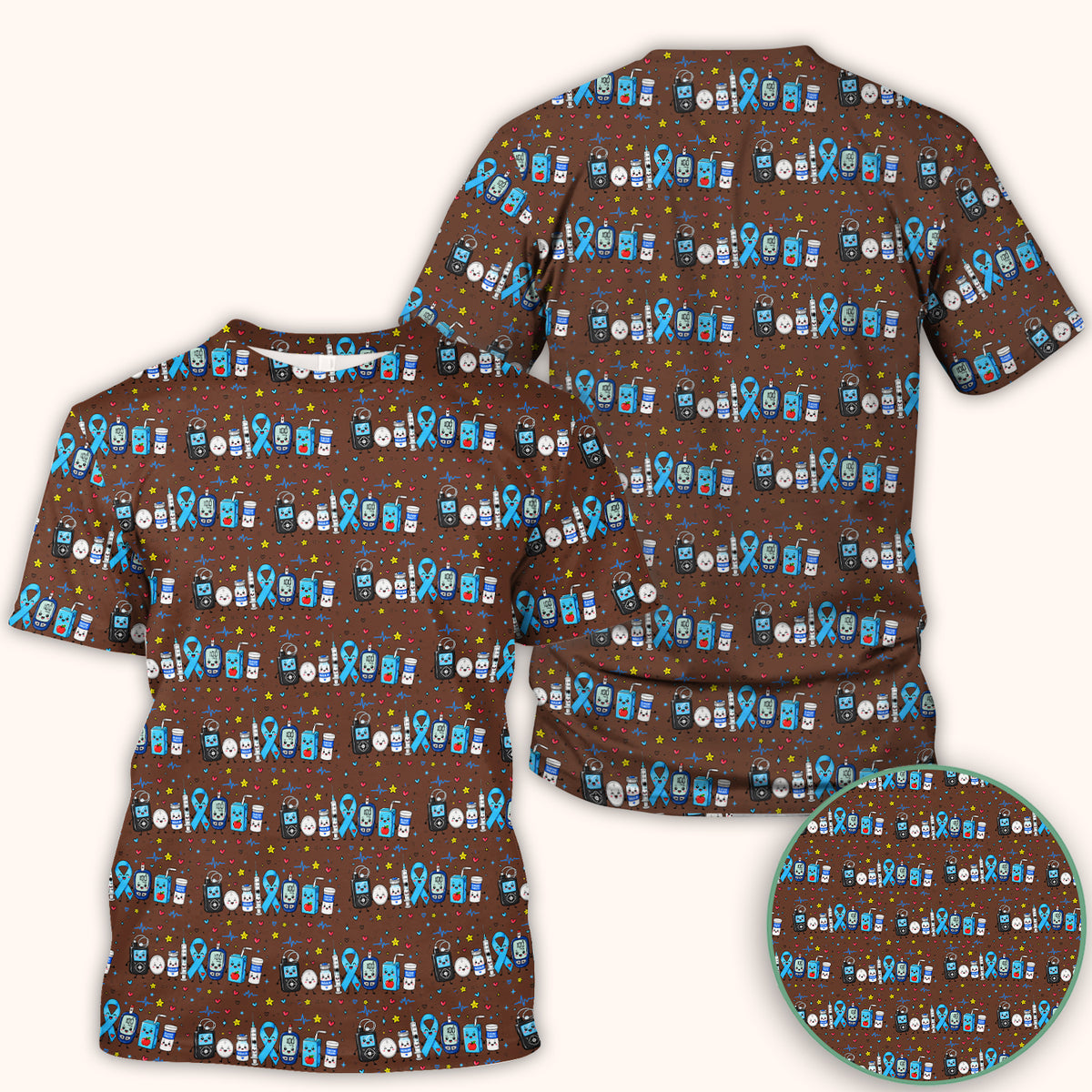 Diabetes Awareness Blue Ribbon & Medical Doodle Scrub Top, Comfortable Scrubs for Nurses