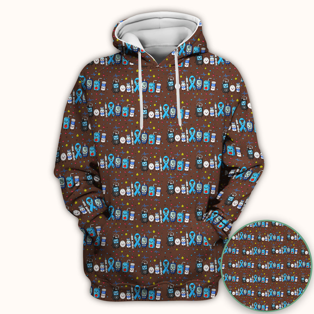 Diabetes Awareness Blue Ribbon & Medical Doodle Scrub Top, Comfortable Scrubs for Nurses