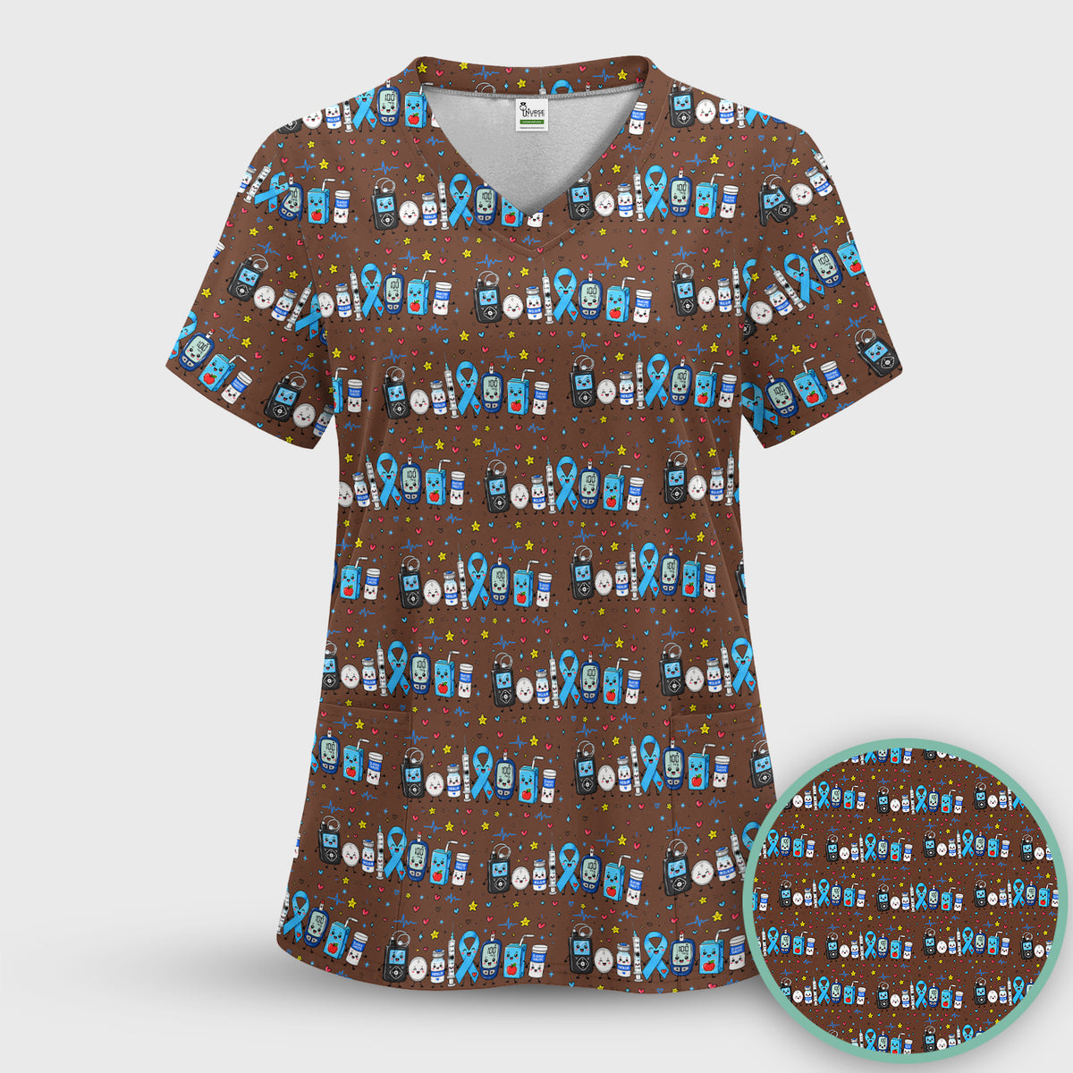 Diabetes Awareness Blue Ribbon & Medical Doodle Scrub Top, Comfortable Scrubs for Nurses