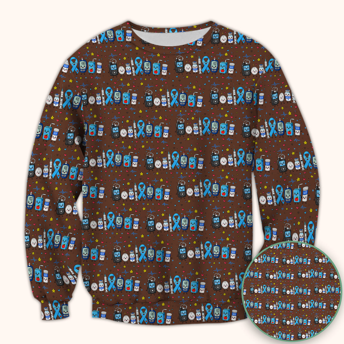 Diabetes Awareness Blue Ribbon & Medical Doodle Scrub Top, Comfortable Scrubs for Nurses