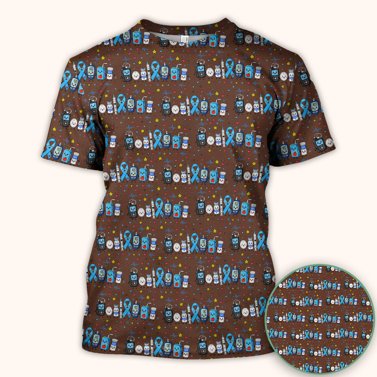 Diabetes Awareness Blue Ribbon & Medical Doodle Scrub Top, Comfortable Scrubs for Nurses