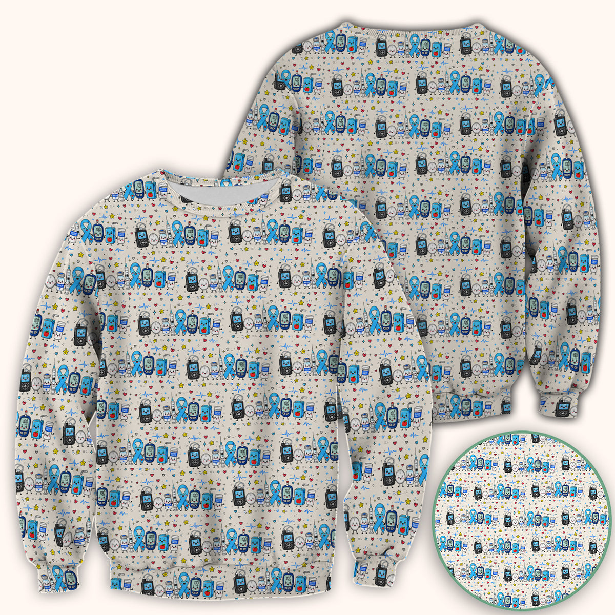 Diabetes Awareness Blue Ribbon & Medical Doodle Scrub Top, Comfortable Scrubs for Nurses