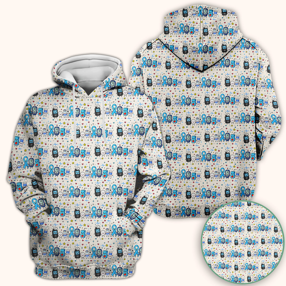 Diabetes Awareness Blue Ribbon & Medical Doodle Scrub Top, Comfortable Scrubs for Nurses