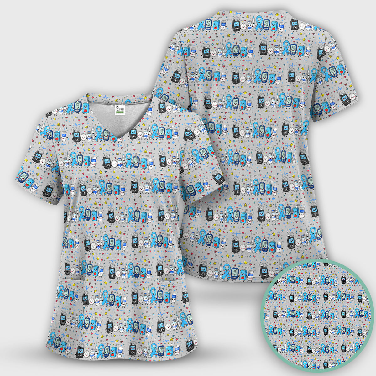 Diabetes Awareness Blue Ribbon & Medical Doodle Scrub Top, Comfortable Scrubs for Nurses