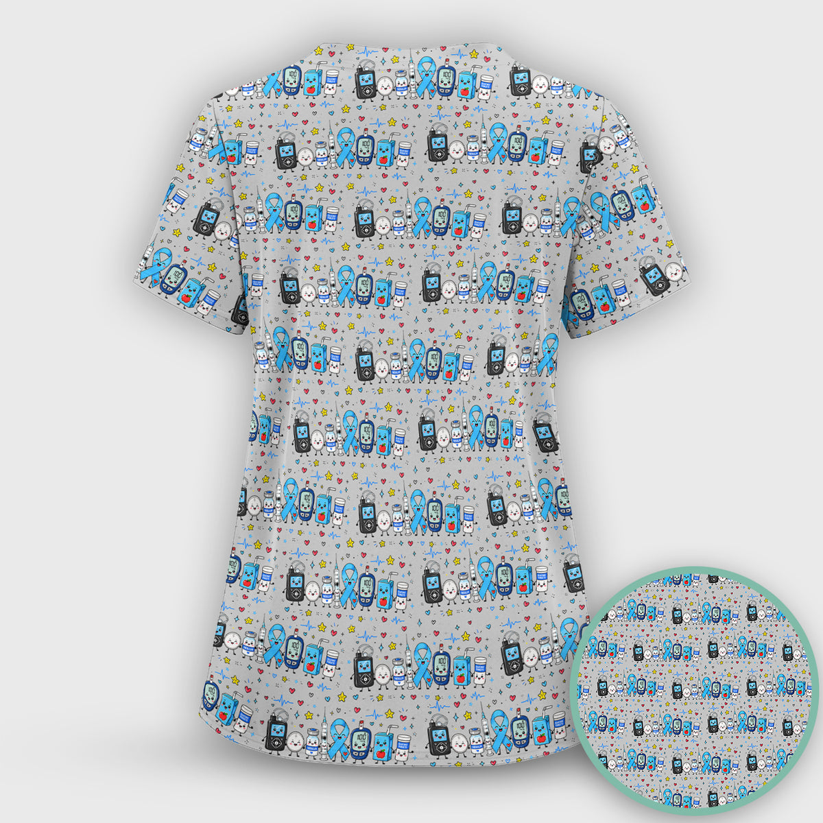 Diabetes Awareness Blue Ribbon & Medical Doodle Scrub Top, Comfortable Scrubs for Nurses