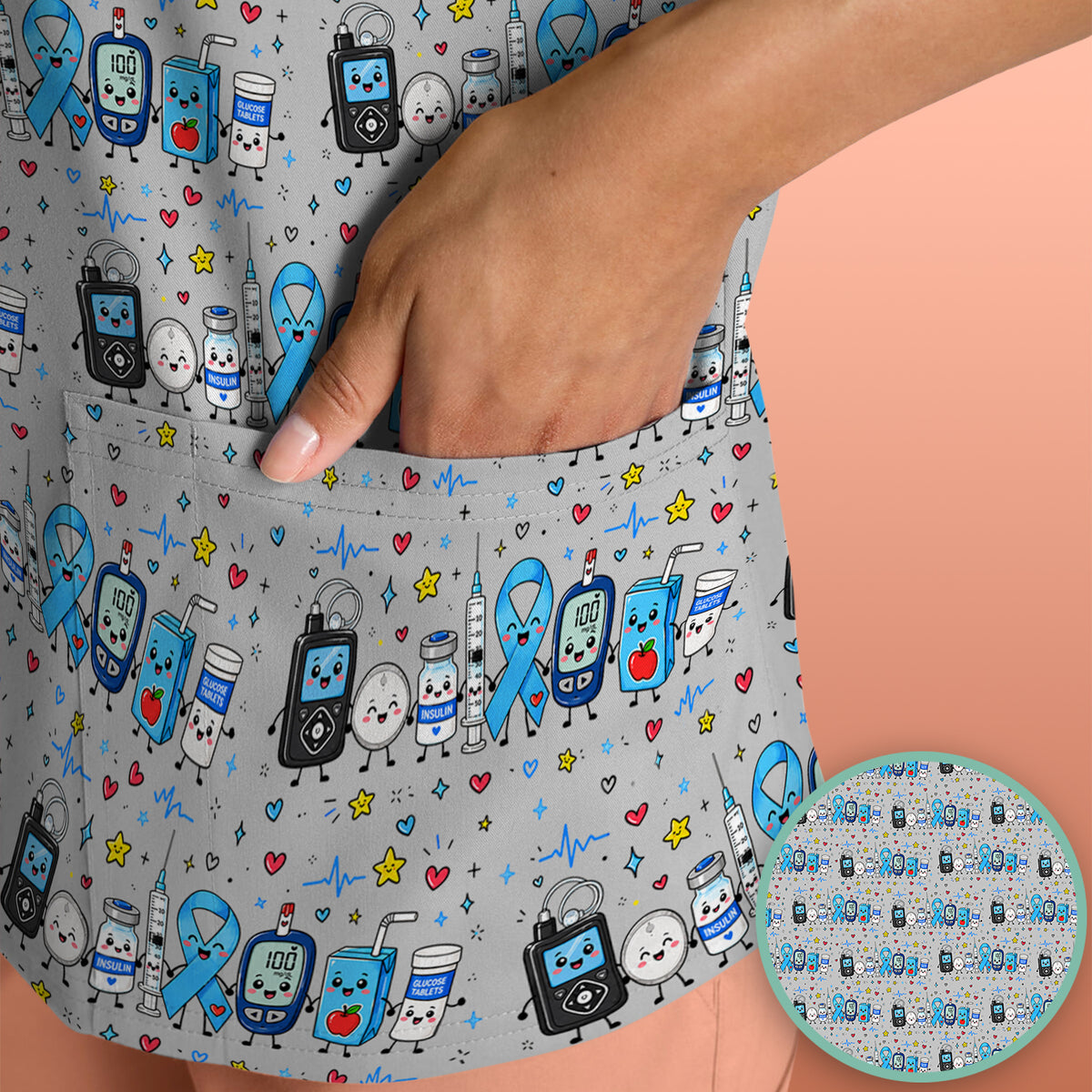 Diabetes Awareness Blue Ribbon & Medical Doodle Scrub Top, Comfortable Scrubs for Nurses