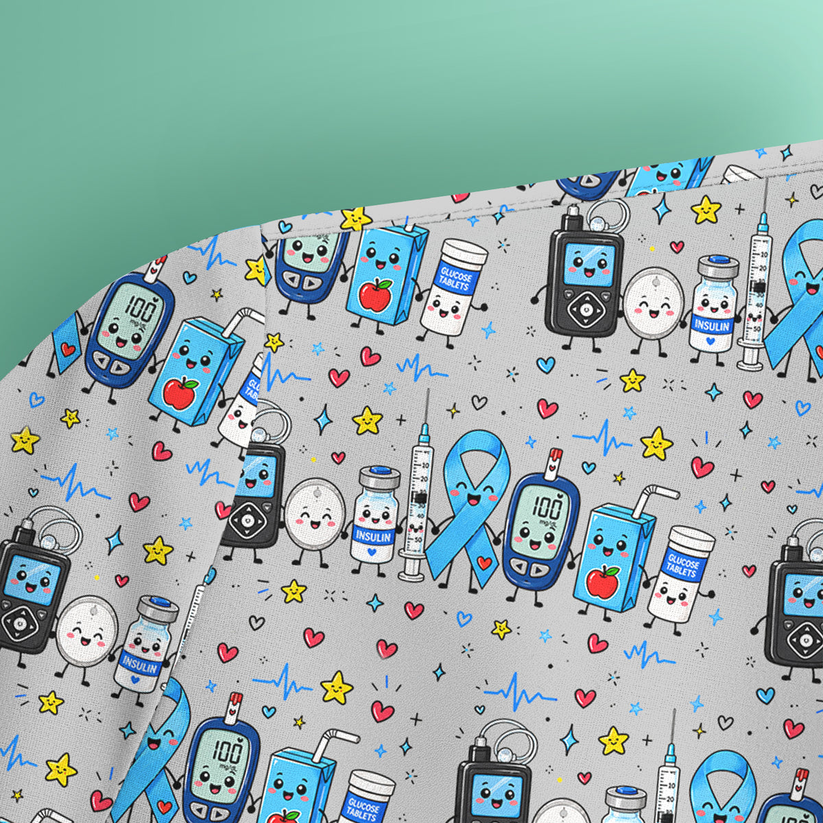 Diabetes Awareness Blue Ribbon & Medical Doodle Scrub Top, Comfortable Scrubs for Nurses