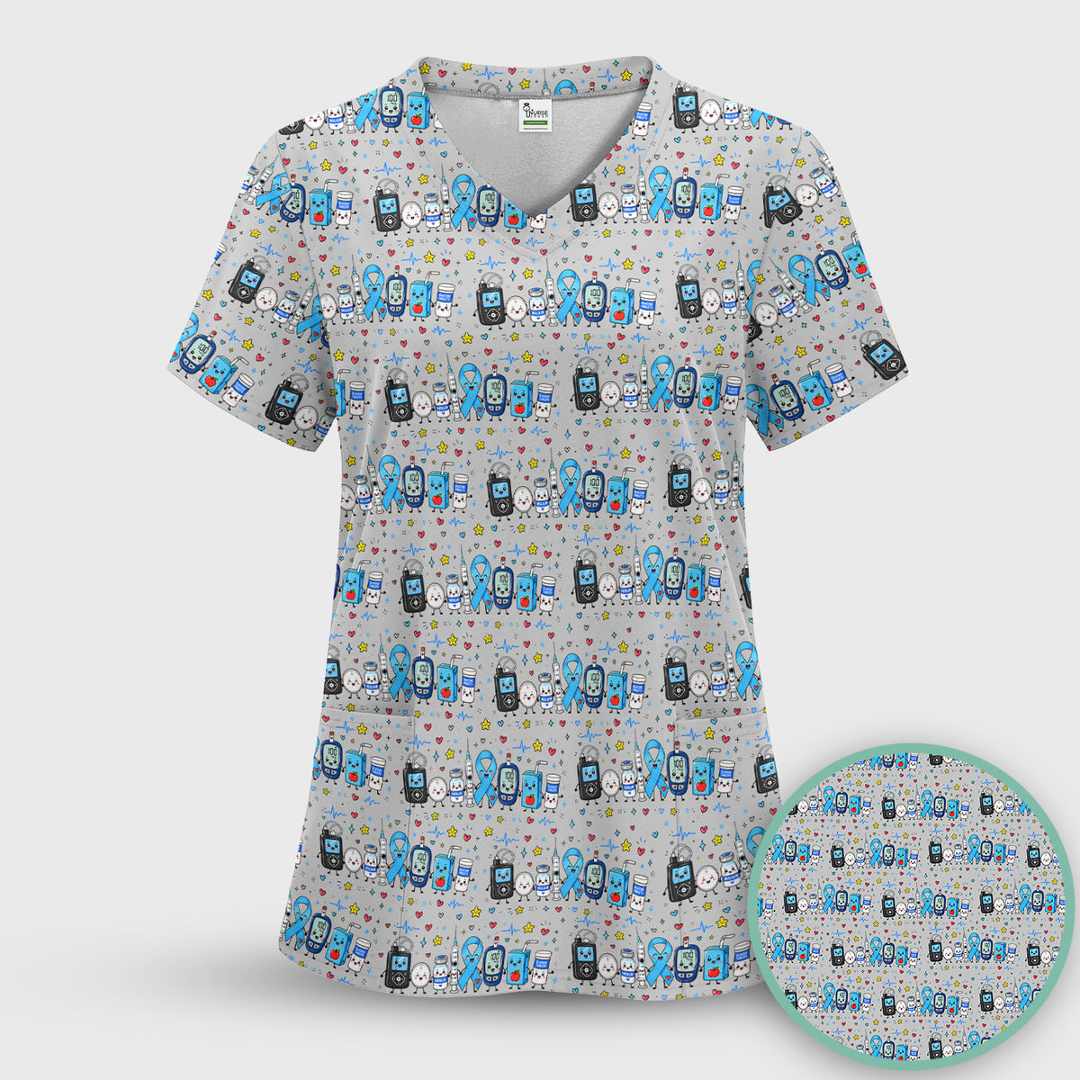 Diabetes Awareness Blue Ribbon & Medical Doodle Scrub Top, Comfortable Scrubs for Nurses