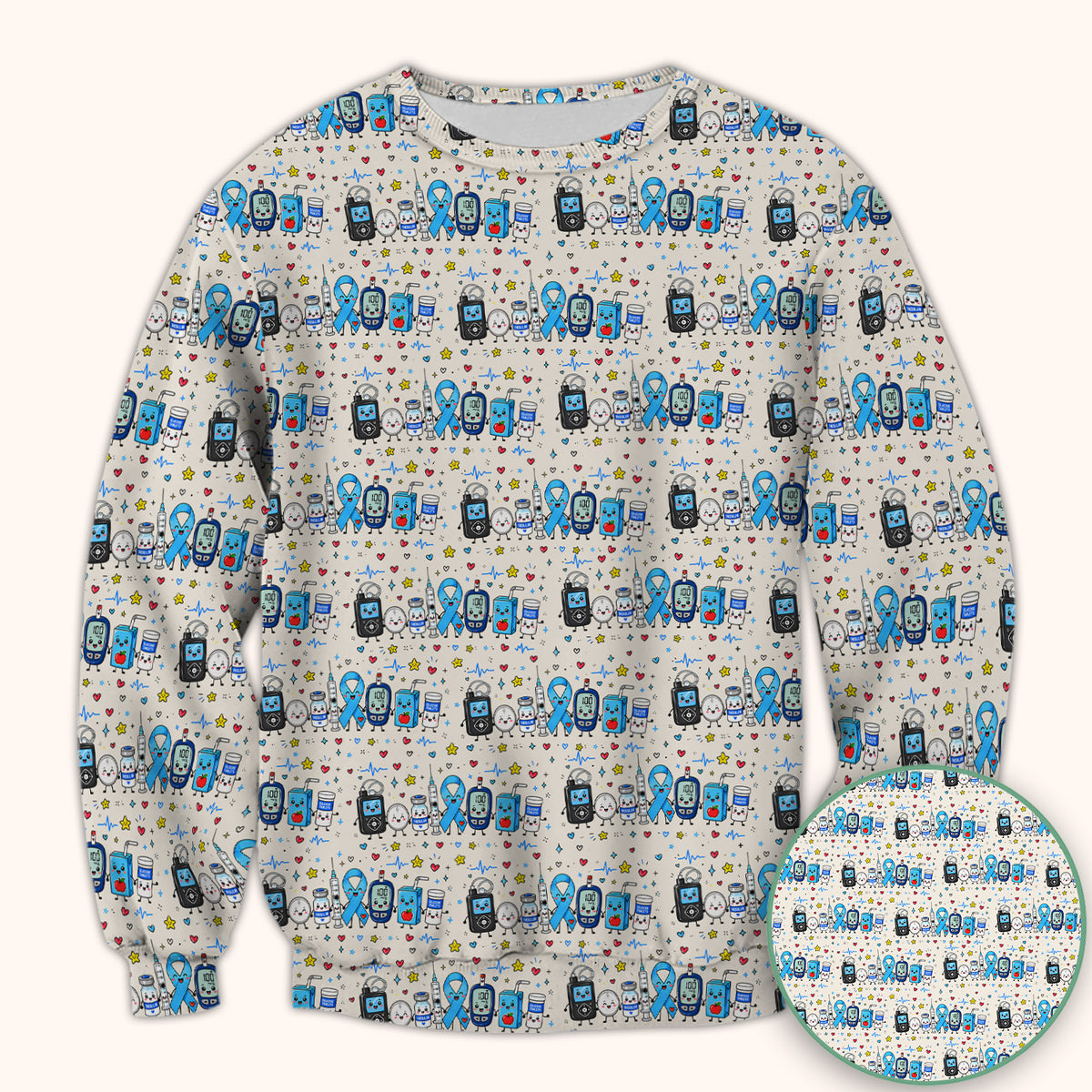 Diabetes Awareness Blue Ribbon & Medical Doodle Scrub Top, Comfortable Scrubs for Nurses