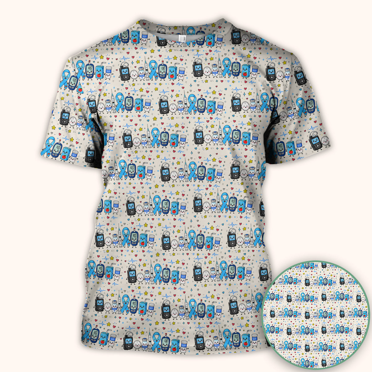Diabetes Awareness Blue Ribbon & Medical Doodle Scrub Top, Comfortable Scrubs for Nurses