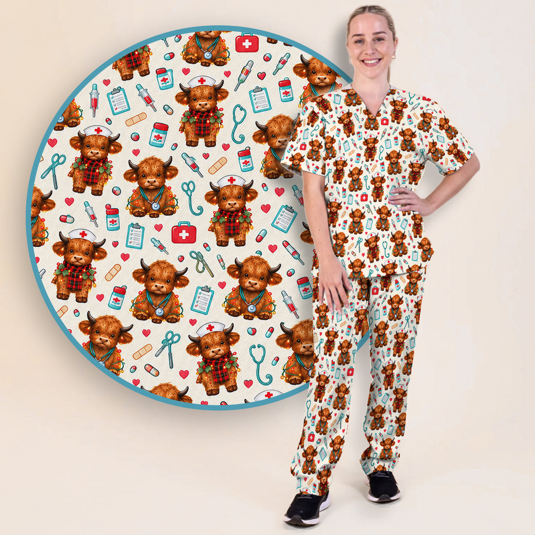 Cute Christmas Highland Cow Nurse Scrub Set, Scrub Pants and V Neck Top
