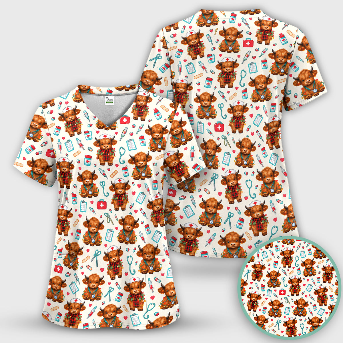 Cute Christmas Highland Cow Nurse Scrub Top, Comfortable Scrubs for Nurses