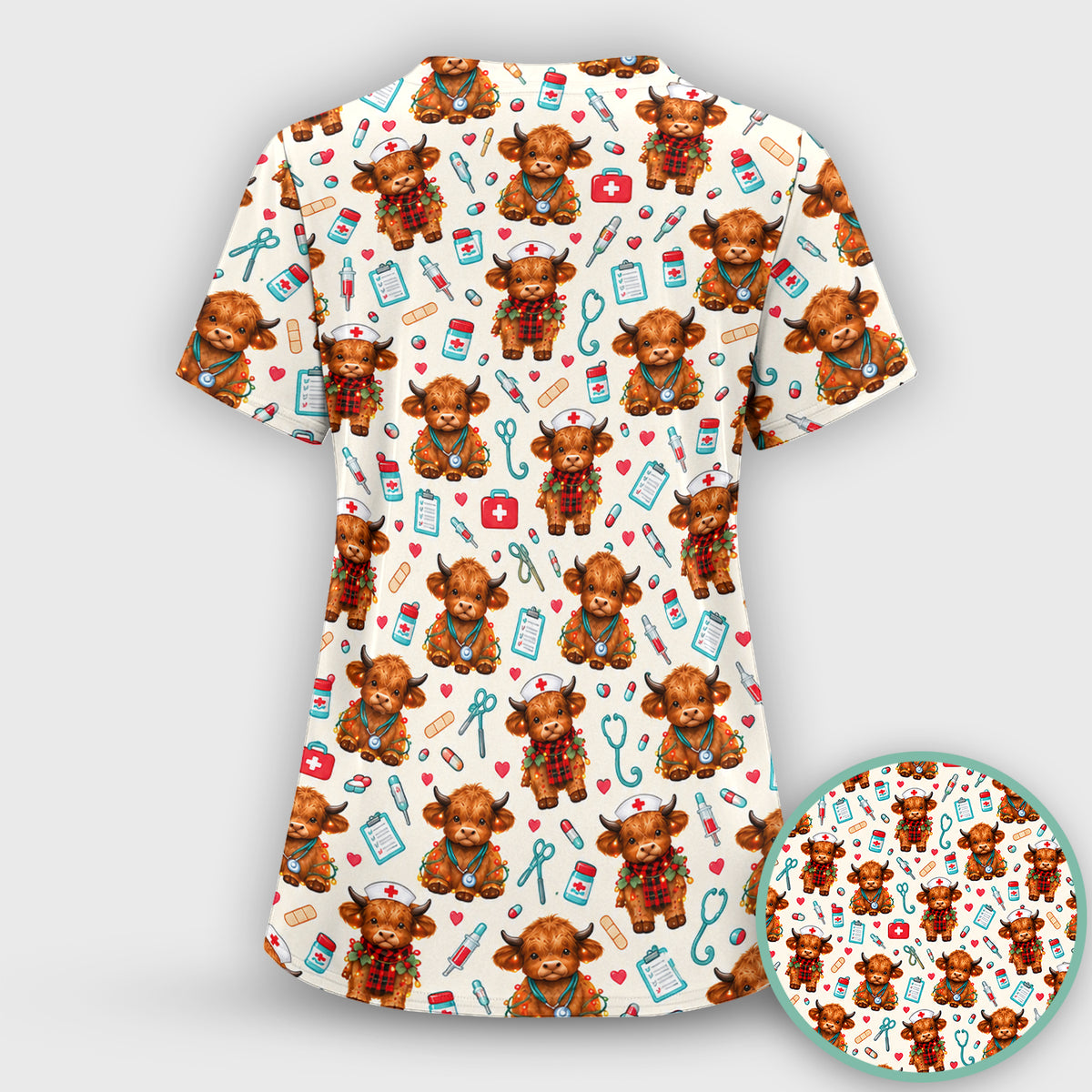 Cute Christmas Highland Cow Nurse Scrub Top, Comfortable Scrubs for Nurses