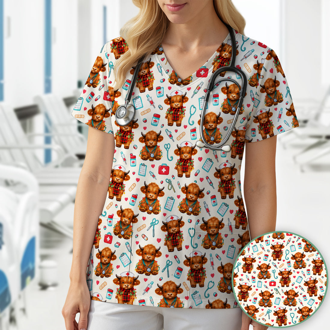 Cute Christmas Highland Cow Nurse Scrub Top, Comfortable Scrubs for Nurses
