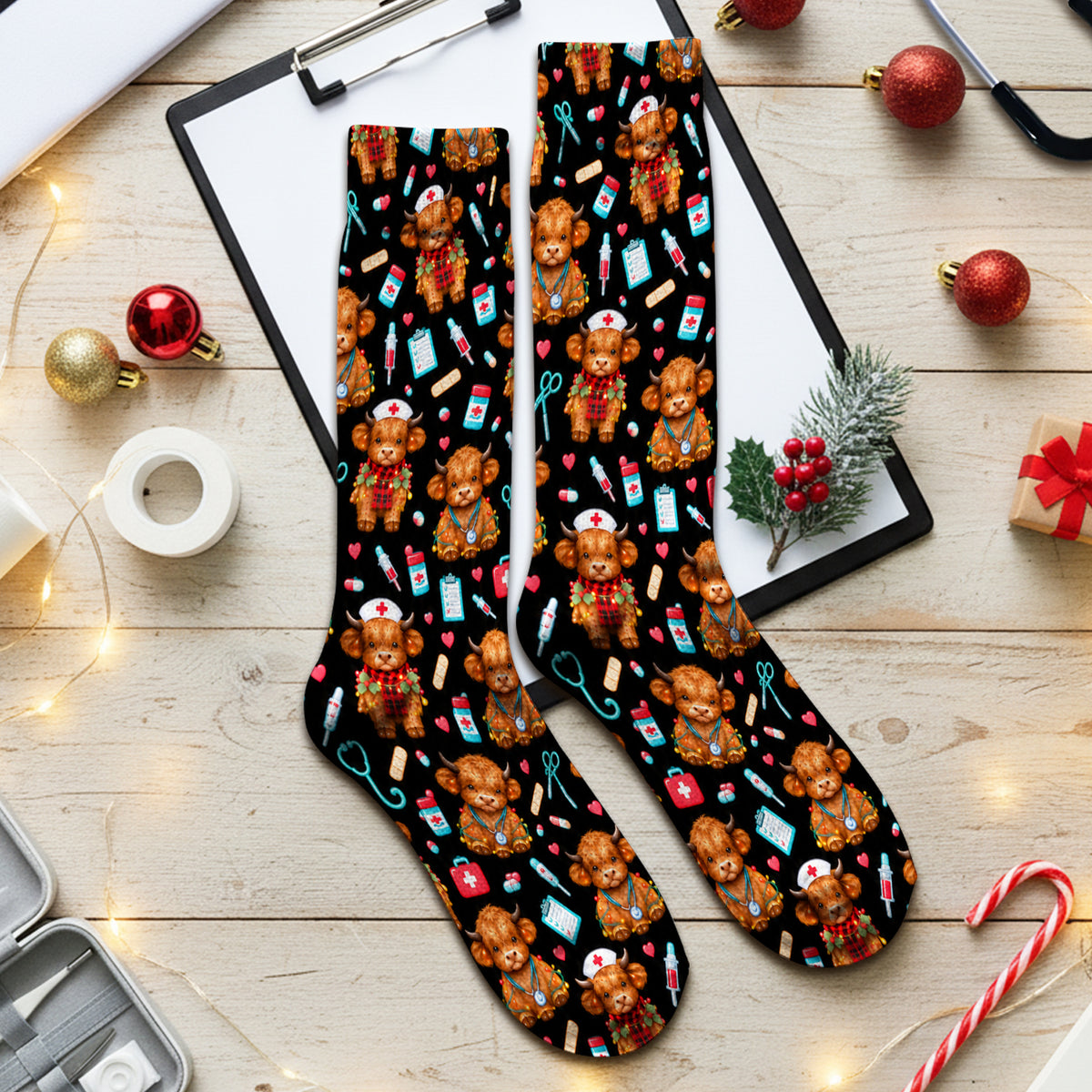 Cute Christmas Highland Cow Nurse Socks, Adult Socks for Men and Women