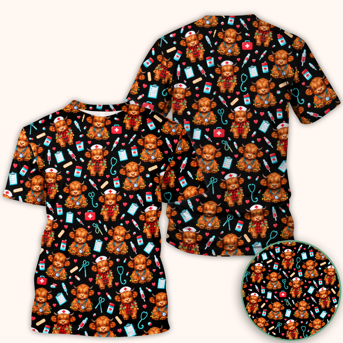 Cute Christmas Highland Cow Nurse Scrub Top, Comfortable Scrubs for Nurses