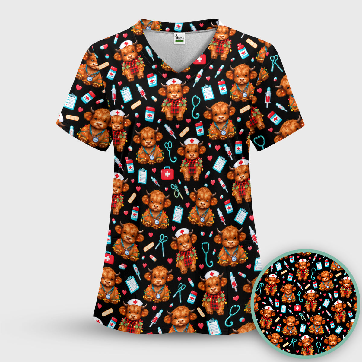Cute Christmas Highland Cow Nurse Scrub Top, Comfortable Scrubs for Nurses