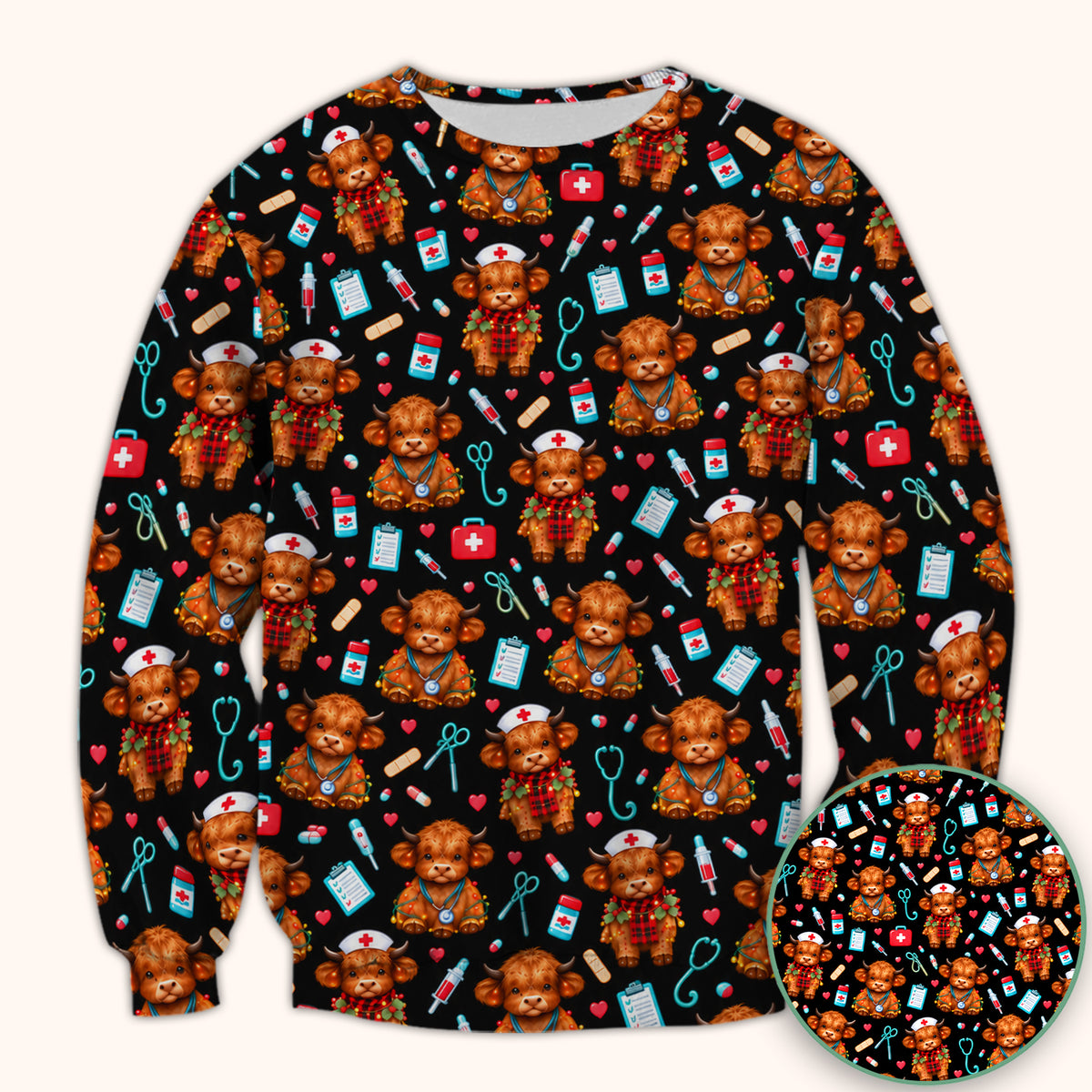 Cute Christmas Highland Cow Nurse Scrub Top, Comfortable Scrubs for Nurses