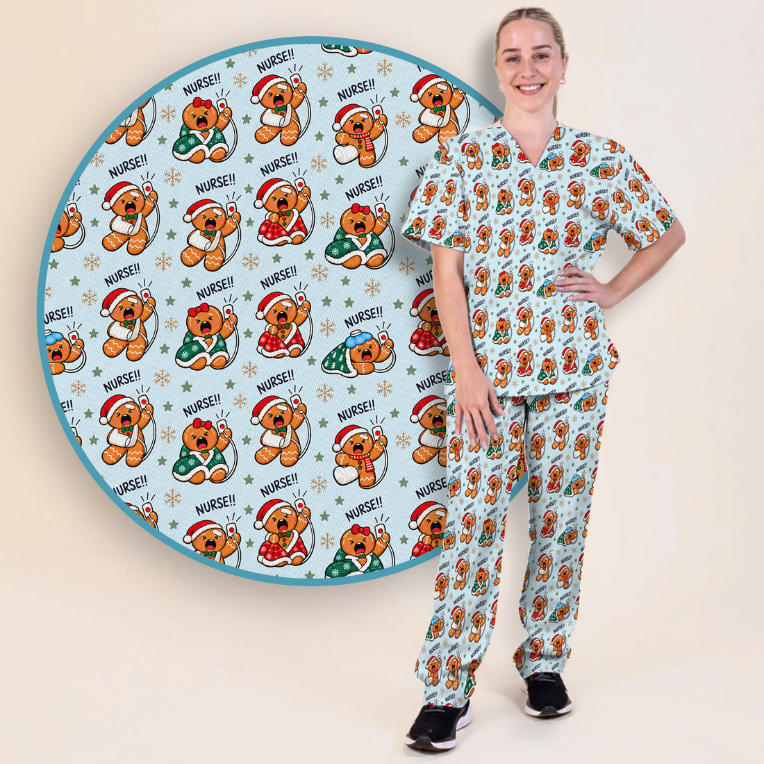 Funny Christmas Gingerbread Call Light Scrub Set, Scrub Pants and V Neck Top
