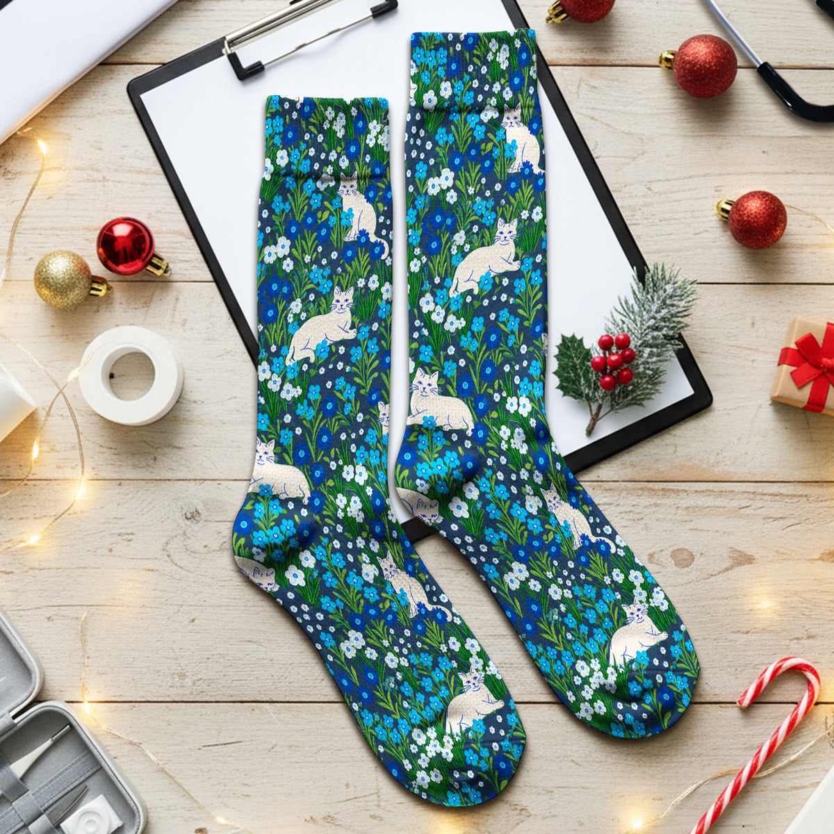 Cute White Cats And Blue Wildflowers Socks, Adult Socks for Men and Women