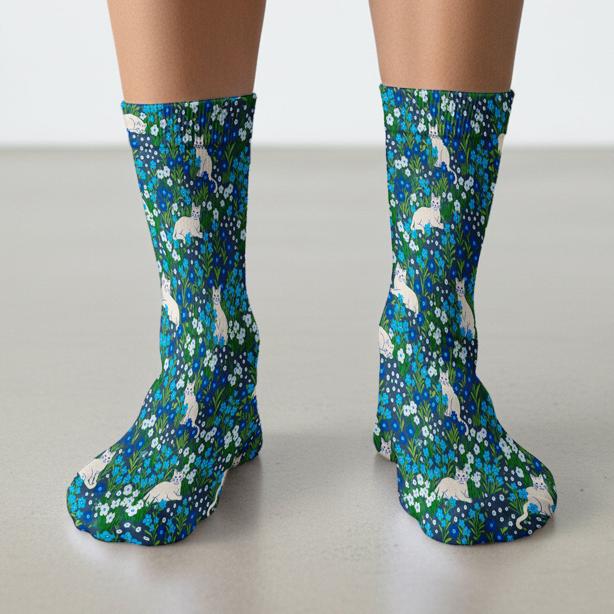 Cute White Cats And Blue Wildflowers Socks, Adult Socks for Men and Women