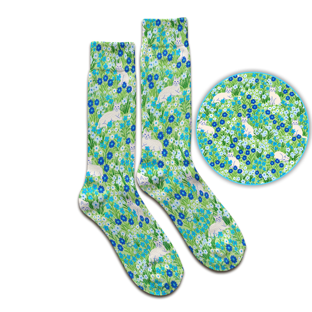 Cute White Cats And Blue Wildflowers Socks, Adult Socks for Men and Women