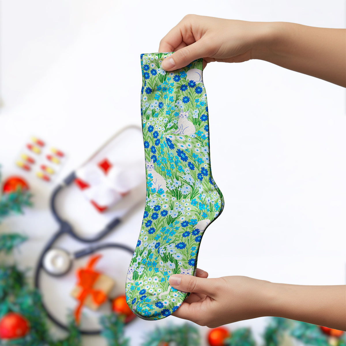Cute White Cats And Blue Wildflowers Socks, Adult Socks for Men and Women