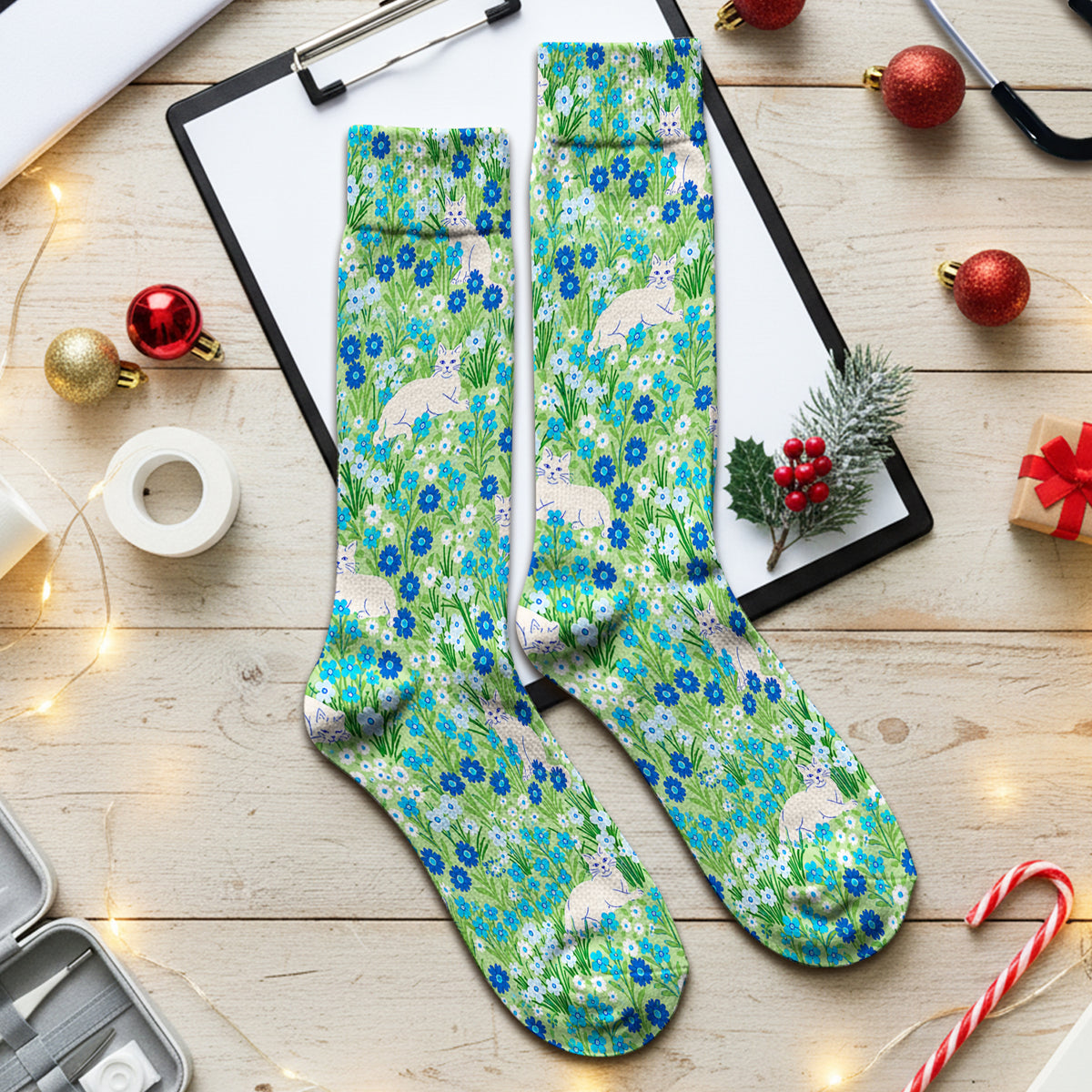 Cute White Cats And Blue Wildflowers Socks, Adult Socks for Men and Women