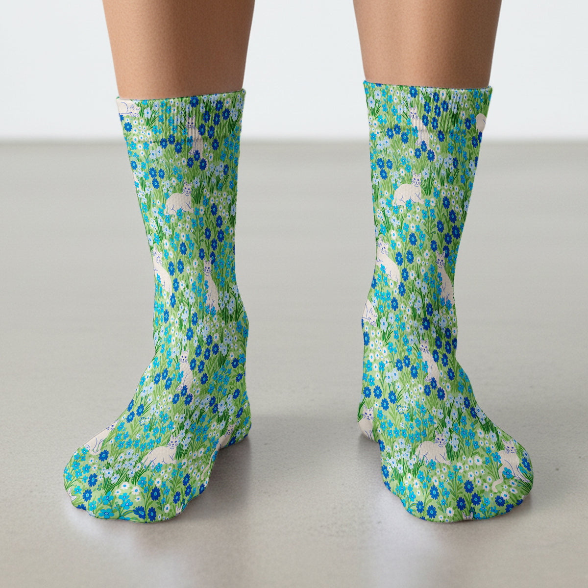Cute White Cats And Blue Wildflowers Socks, Adult Socks for Men and Women