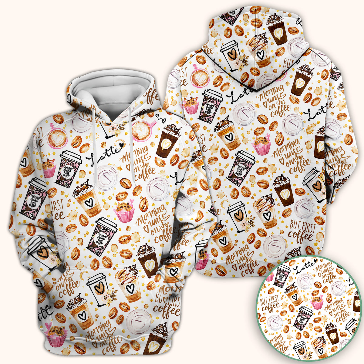 But First Coffee Latte & Coffee Beans Pattern Scrub Top, Comfortable Scrubs for Nurses