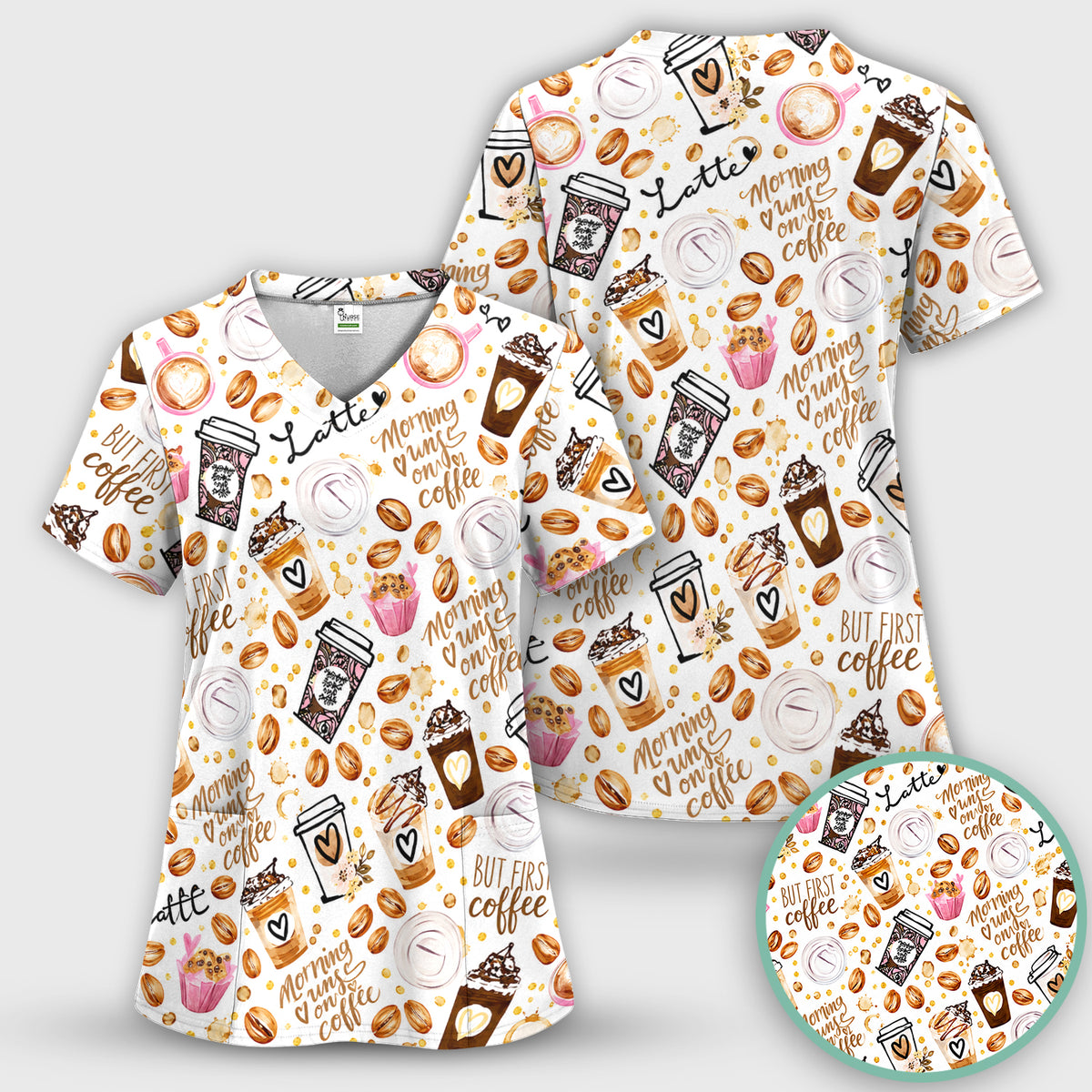 But First Coffee Latte & Coffee Beans Pattern Scrub Top, Comfortable Scrubs for Nurses