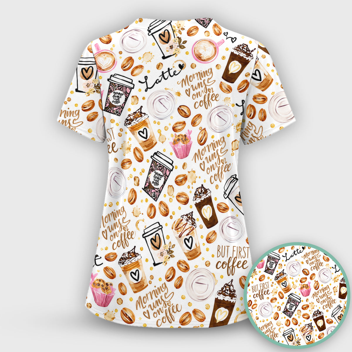But First Coffee Latte & Coffee Beans Pattern Scrub Top, Comfortable Scrubs for Nurses