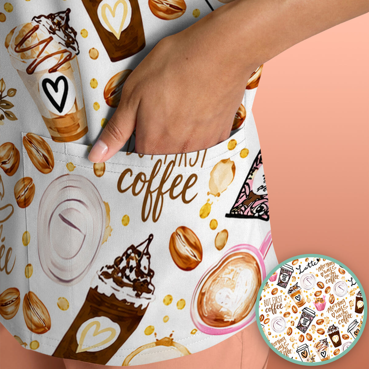 But First Coffee Latte & Coffee Beans Pattern Scrub Top, Comfortable Scrubs for Nurses