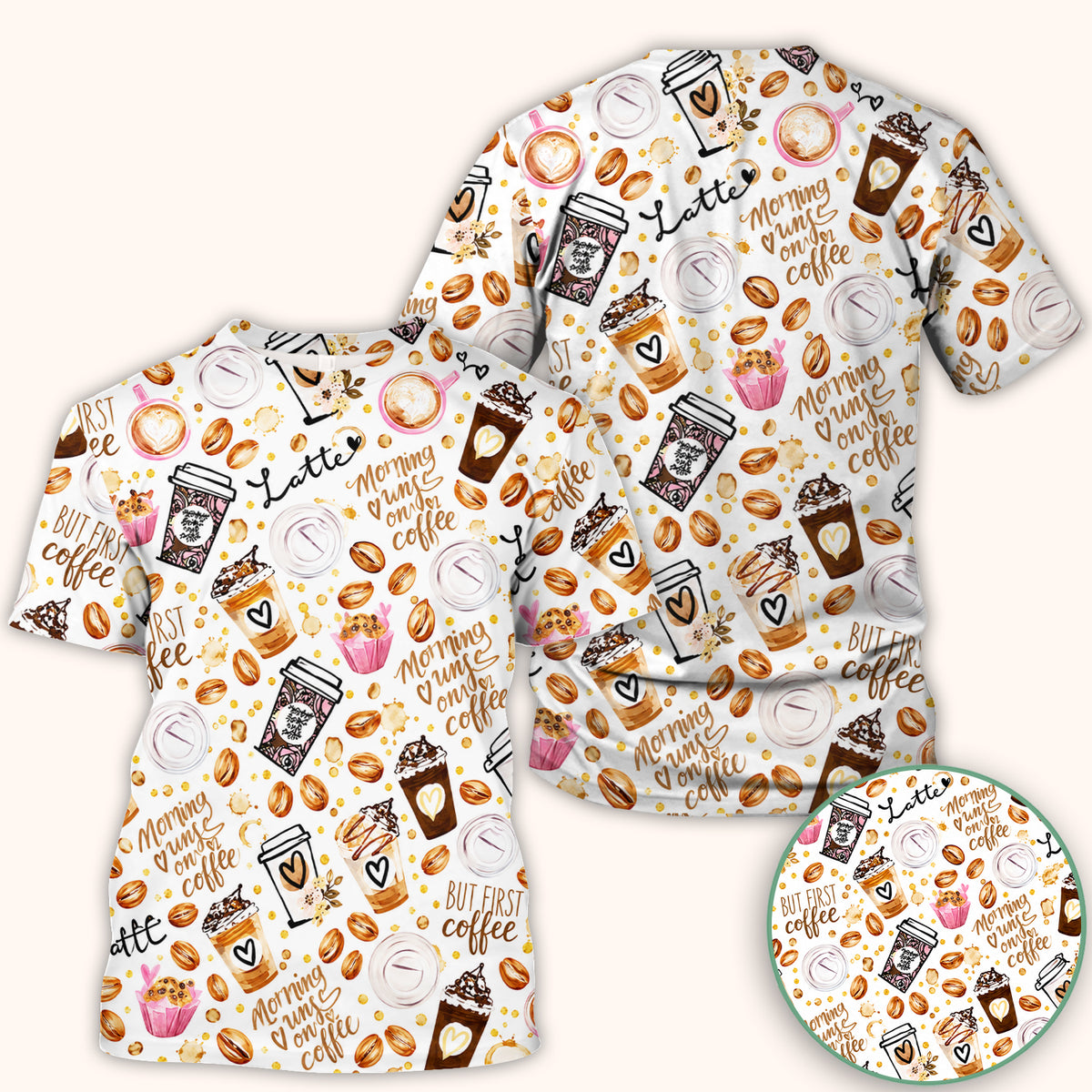 But First Coffee Latte & Coffee Beans Pattern Scrub Top, Comfortable Scrubs for Nurses