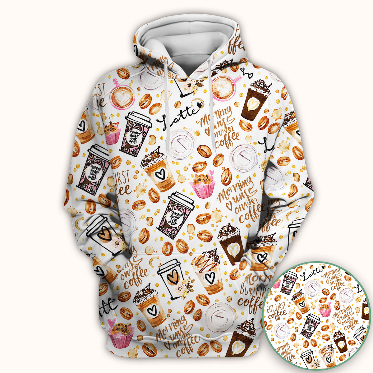 But First Coffee Latte & Coffee Beans Pattern Scrub Top, Comfortable Scrubs for Nurses