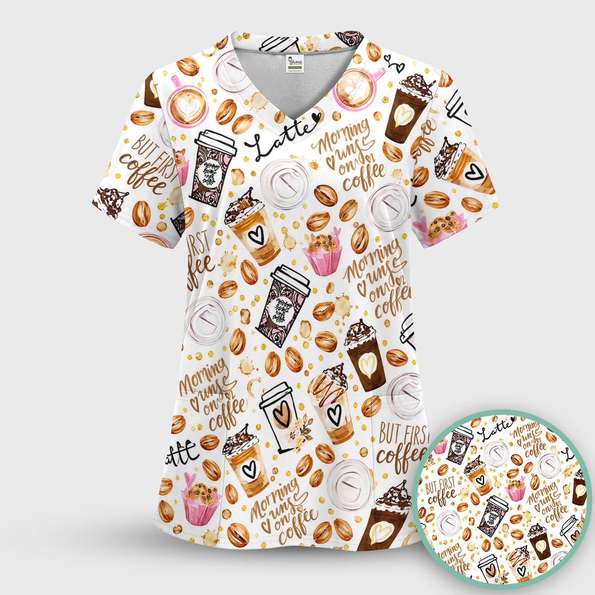 But First Coffee Latte & Coffee Beans Pattern Scrub Top, Comfortable Scrubs for Nurses