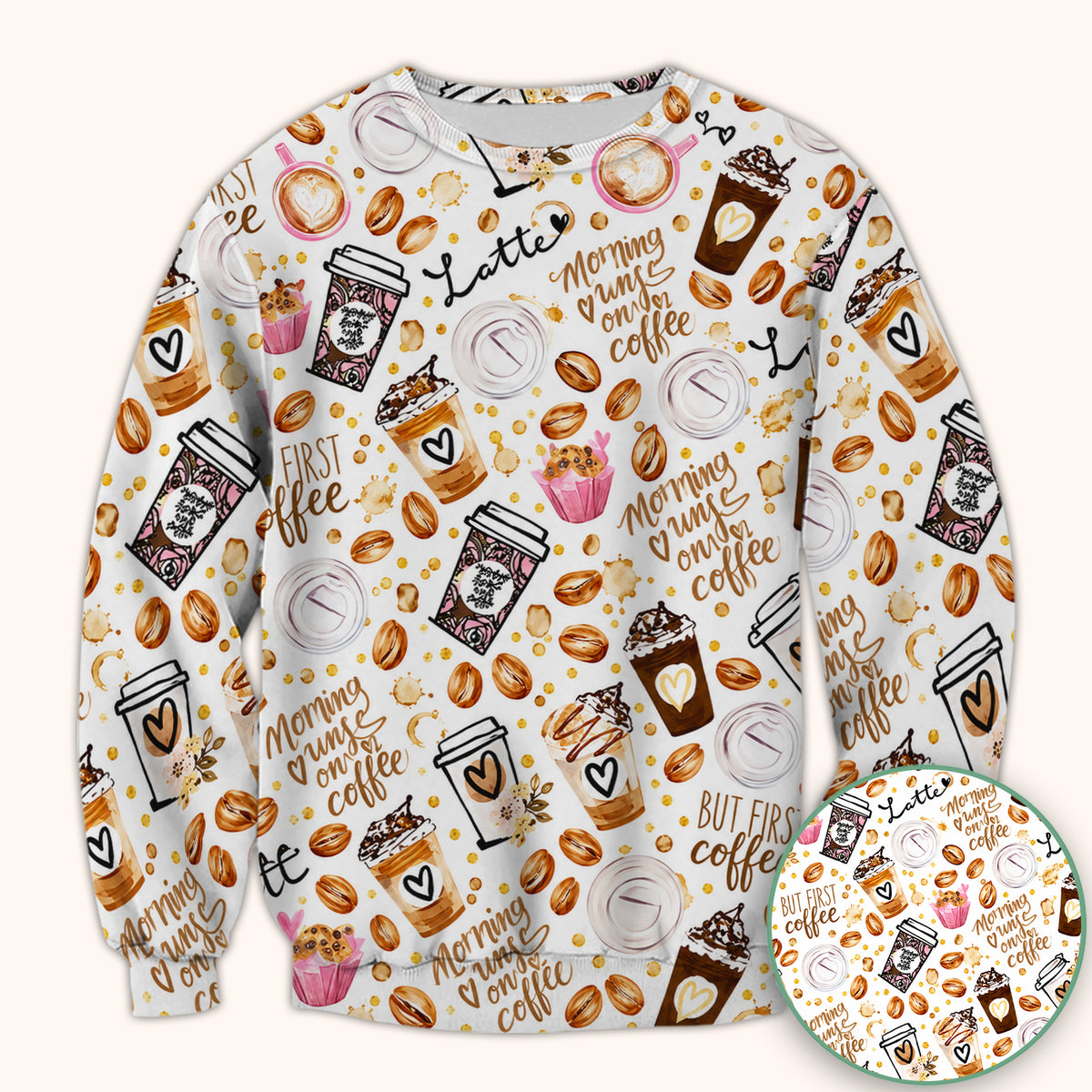 But First Coffee Latte & Coffee Beans Pattern Scrub Top, Comfortable Scrubs for Nurses