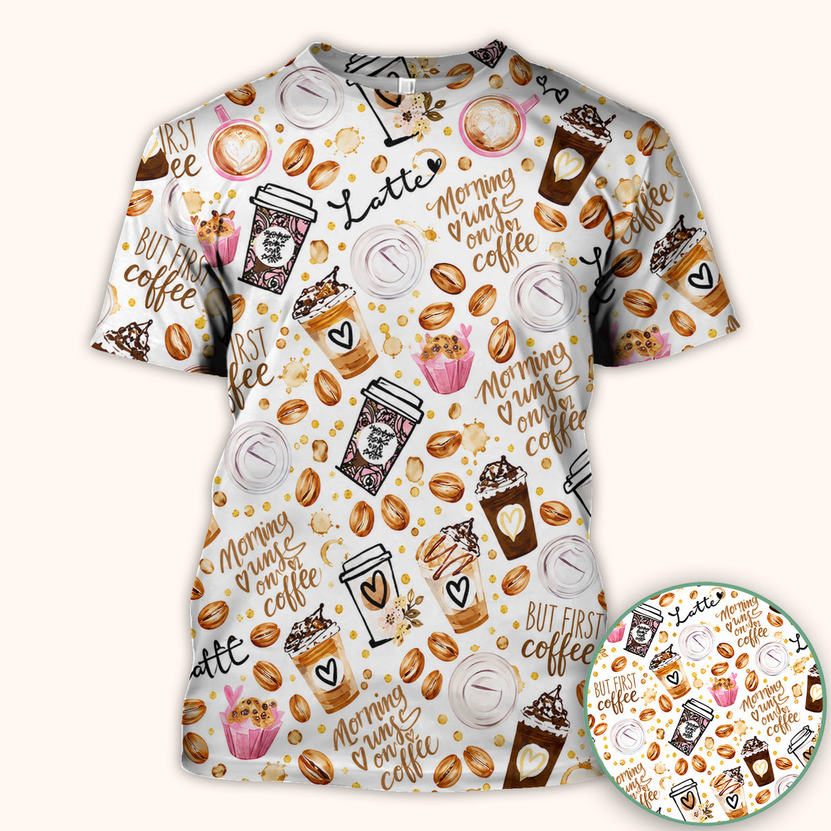 But First Coffee Latte & Coffee Beans Pattern Scrub Top, Comfortable Scrubs for Nurses
