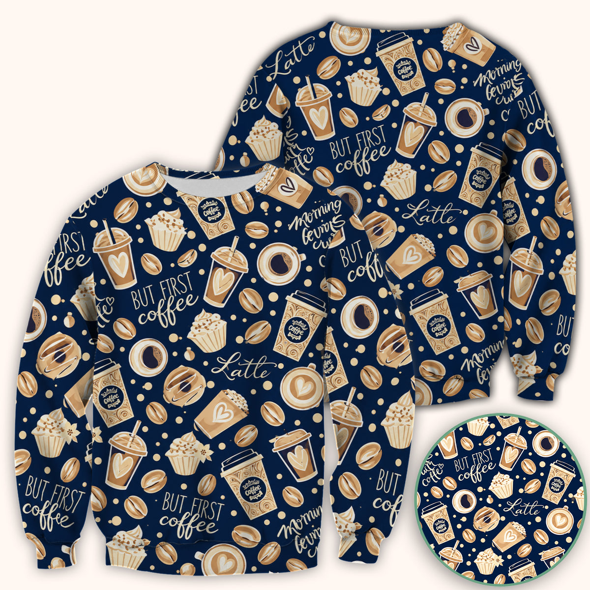 But First Coffee Latte & Coffee Beans Pattern Scrub Top, Comfortable Scrubs for Nurses
