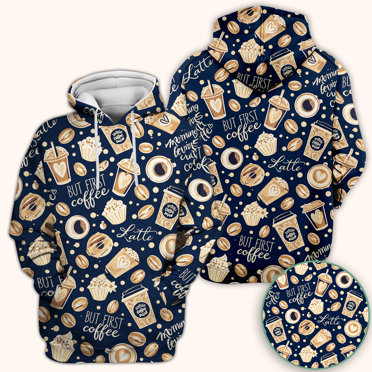 But First Coffee Latte & Coffee Beans Pattern Scrub Top, Comfortable Scrubs for Nurses