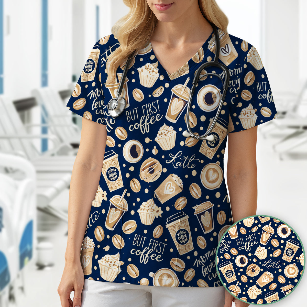 But First Coffee Latte & Coffee Beans Pattern Scrub Top, Comfortable Scrubs for Nurses