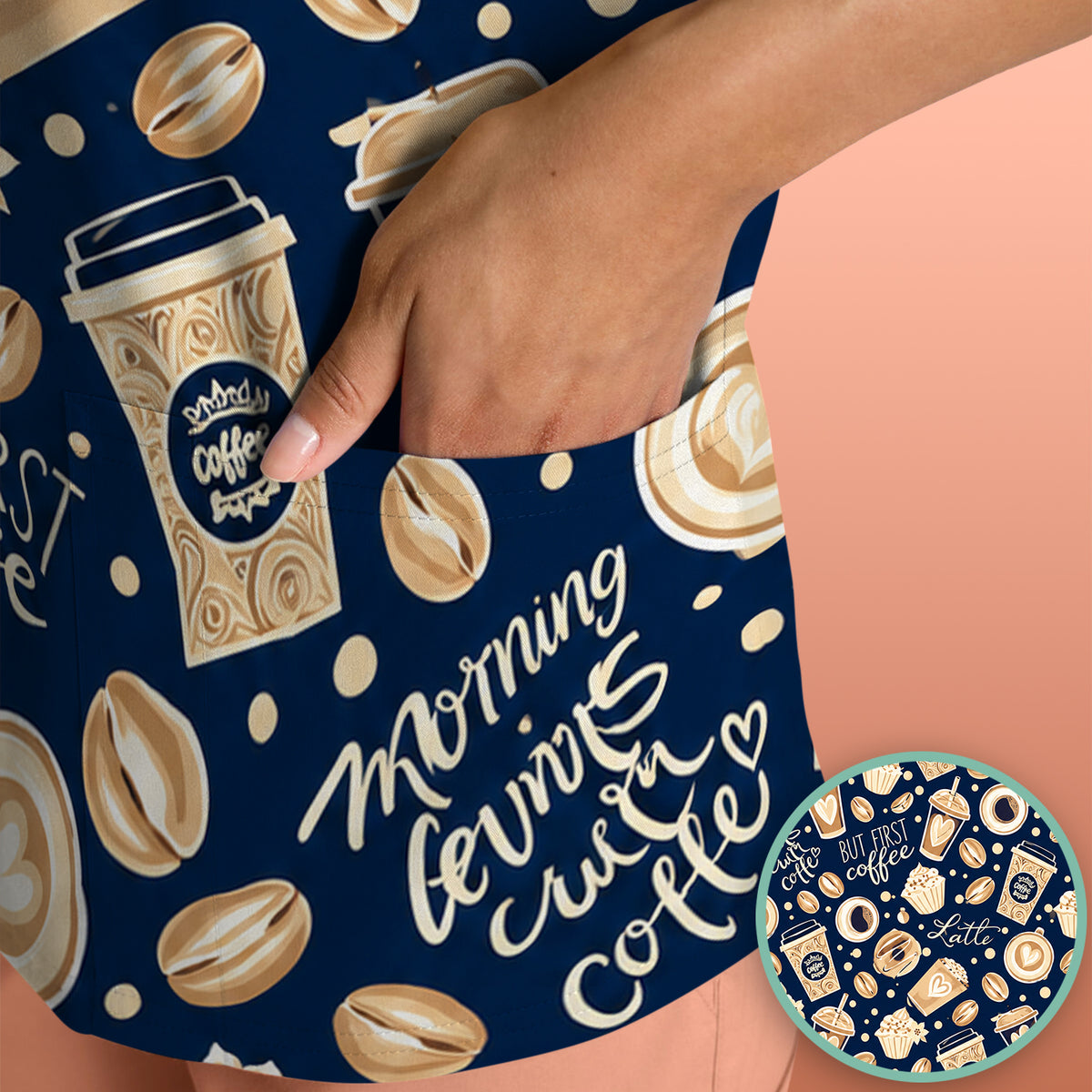 But First Coffee Latte & Coffee Beans Pattern Scrub Top, Comfortable Scrubs for Nurses