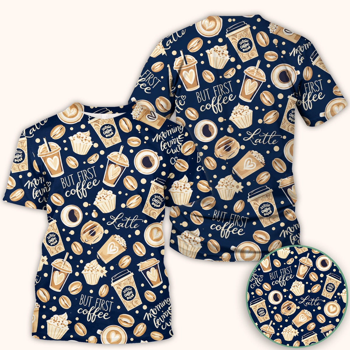But First Coffee Latte & Coffee Beans Pattern Scrub Top, Comfortable Scrubs for Nurses