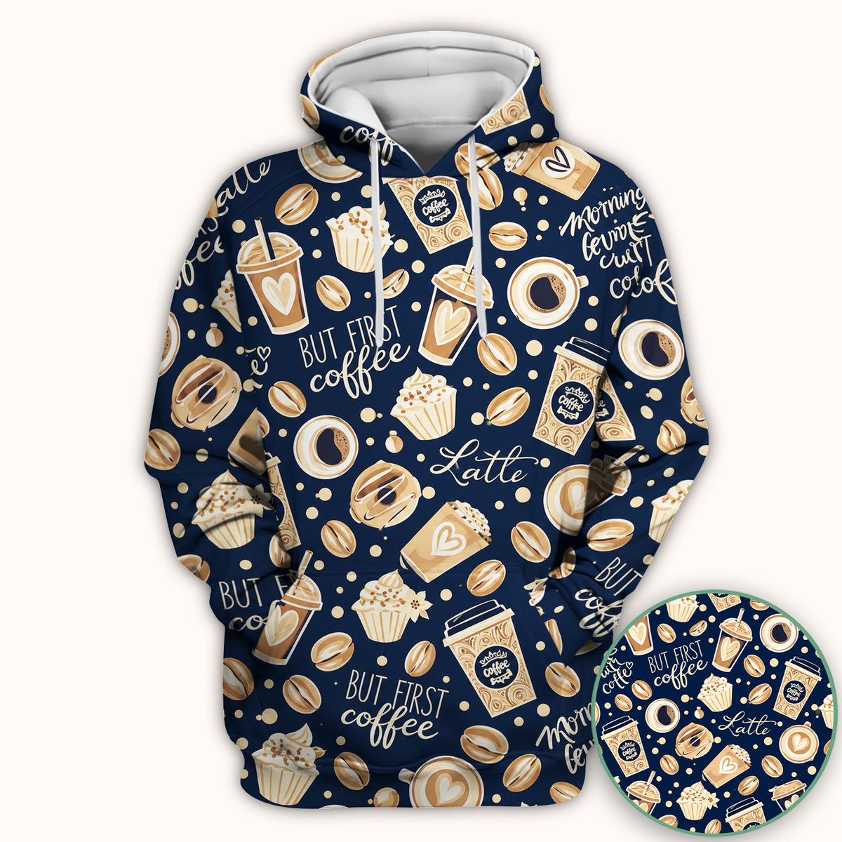 But First Coffee Latte & Coffee Beans Pattern Scrub Top, Comfortable Scrubs for Nurses