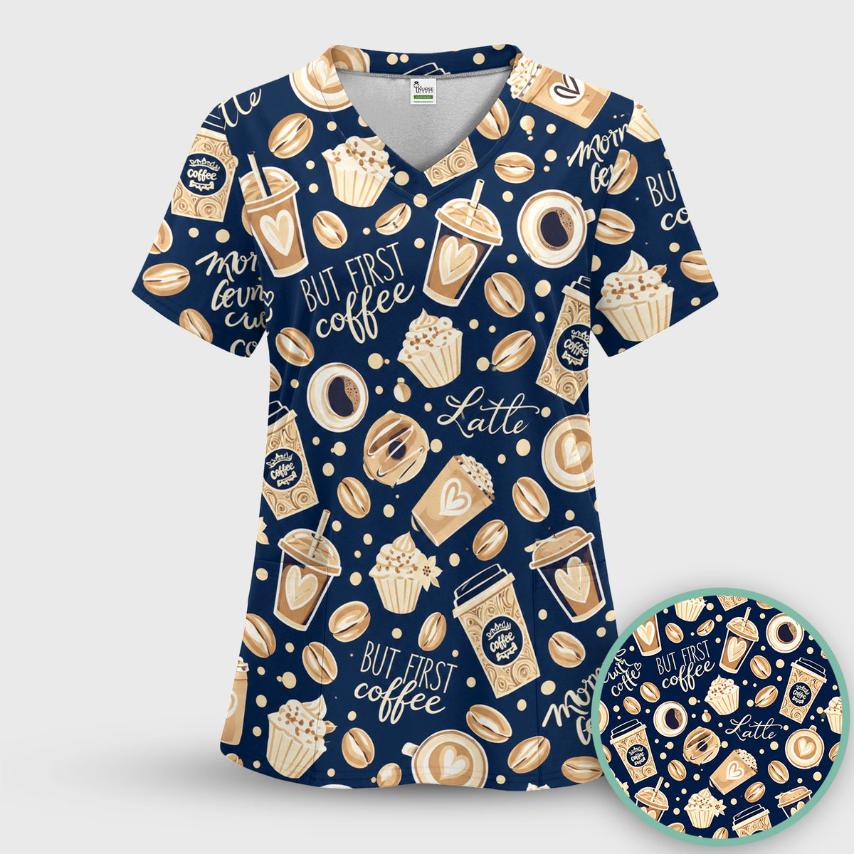 But First Coffee Latte & Coffee Beans Pattern Scrub Top, Comfortable Scrubs for Nurses